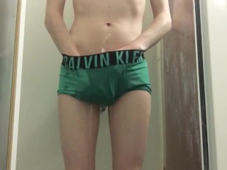 Twink Pisses his Green Calvin Klein Boxer Briefs