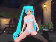 3D HENTAI Hatsune Miku in a swimsuit rides a cock by the pool