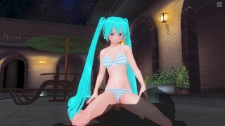 3D HENTAI Hatsune Miku in a swimsuit rides a cock by the pool