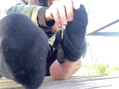 Dirty shoes, black smelly socks and smelly wrinkled soles to worship. Feet fetish foot ignoring 