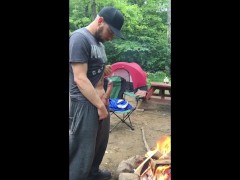 Outdoor public camping masturbate my big cock in front of fire with cumshot 