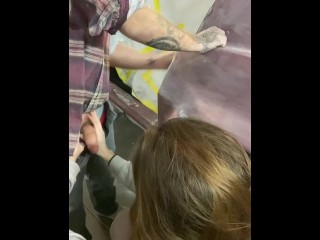 Girl Rubs my Dick while I Work on a Customers Car
