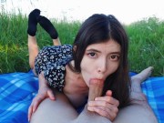 Preview 1 of Evening summer sex in nature in the village on a green meadow during sunset with a hot petite wife