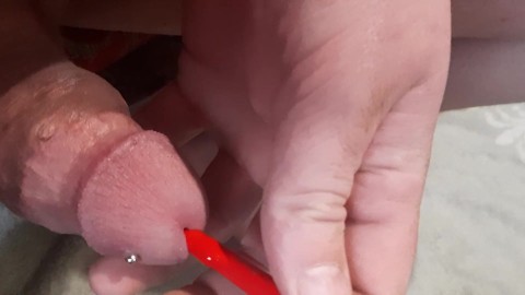 pierced cock cums profusely after brush in urethra