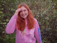 Video Ginger stepsister gave a blowjob and got cum and pee  in outdoor
