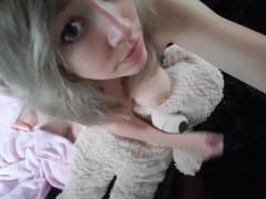 Little blonde snuggles teddy topless