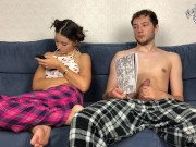 Preview 1 of Step Brother Secretly Jerking Off Close To Step Sister But She Caught Him! they CUM at THE SAME TIME