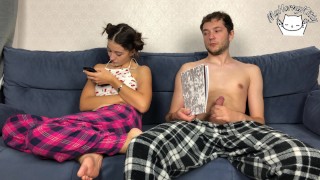 Step Sister Caught Step Brother Slyly Jerking Off Close To Her But They Both CUM At The Same Time