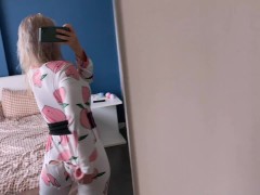 Video Titted blonde girlfriend rides a cock in pink pajamas. Home video