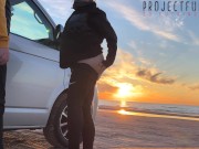 Preview 3 of magical sunset sex at the beach - risky public quickie with girl in tight yoga leggings