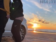 Preview 4 of magical sunset sex at the beach - risky public quickie with girl in tight yoga leggings