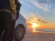 Preview 5 of magical sunset sex at the beach - risky public quickie with girl in tight yoga leggings