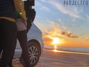 Preview 6 of magical sunset sex at the beach - risky public quickie with girl in tight yoga leggings