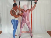 Preview 6 of spandex covered slave and his muscle master