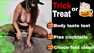 ¿Truco o trato? Femdom Mistress prueba de sabor culo coño orinar dedo pie Chocolate pies FLR FULL VID