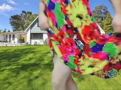 Hot shemale striptease in the public in the garden