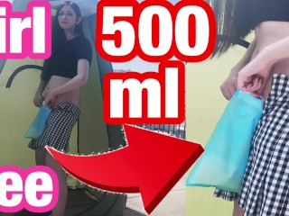 Outside Handjob & Japanese Girl's Pee Standing with 500ml Portable Toilet, Piss, Amateur, Slender