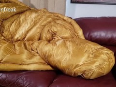 Humping Silky Gold Down Bag on Leather Sofa until I Cum
