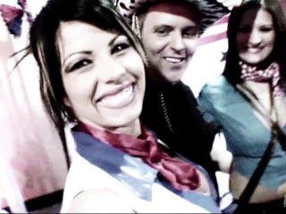 Two busty milf brunettes dressed up as cowgirls ride two hard dicks until they cum on them