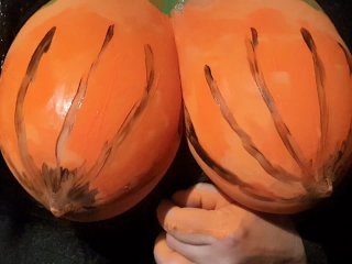 body paint, halloween pumpkin, playing with boobs, big melons