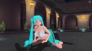 3D HENTAI Miku in a swimsuit rides a dick near the pool