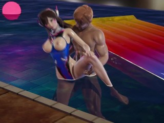 水着を着たdvaは、筋肉質の男が騎乗位で彼女とセックスし始めるまで、プールでお風呂に入ります