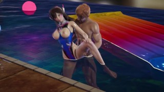 水着を着たDvaは、筋肉質の男が騎乗位で彼女とセックスし始めるまで、プールでお風呂に入ります