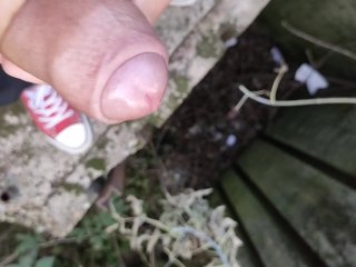 Uncut cock cumshot from a bridge close up