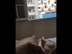 Full naked masturbation with open legs in front of many window 1