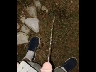 Risky Pissing in the back Yard at Night while Wife's Home