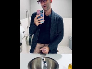 Stroking my dick on a break at work while customers try to get in the bathroom