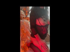 Horny MILF loves Halloween She FUCKS Skeleton with BIG CLEAR DILDO gets Pussy WET