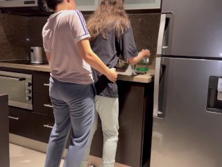 Wife fucked hard with tongue while washing dishes in the kitchen, getting her to cum before her step