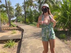Wife walking and flashing big tits in public