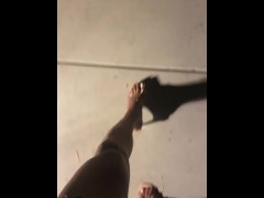 Sissy waking on sidewalk 