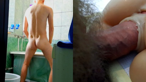 During the morning face wash, the guy stuck a standing dick in an artificial pussy
