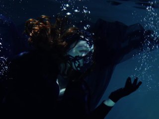 redhead, underwater, long dress, gloves