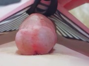 Close up playing with vibrator on cock and cum on tummy