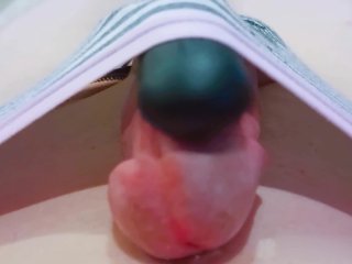 Close up playing with vibrator on cock and cum on tummy