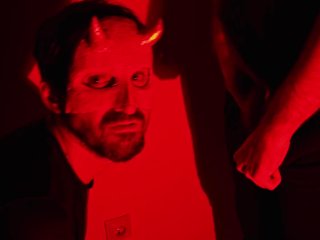 Slutty Halloween night. Hot deep blowjob from a bearded imp. Cum on face