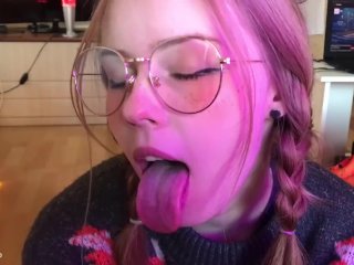 fetish, long tongue, nerdy girl glasses, cum face
