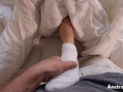 Preview 1 of // Foot fetish // Andre Love in white socks jerking off her lover's cock // [4k]