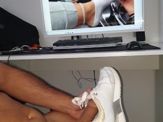 Hands free cumming inside female shoe sneakers while looking hot white adidas sneakers shoeplay