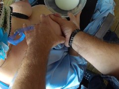 Hubby whips and milks my taped up tits