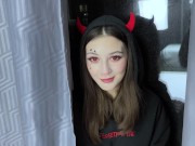 Preview 1 of Devil Girl get Fucked on Halloween! Huge Creampie Load Inside her Tight Pussy