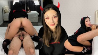 Devil Girl get Fucked on Halloween! Huge Creampie Load Inside her Tight Pussy