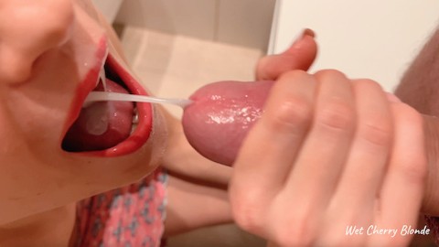 So much cum! Young blonde gets massive cumshot to throat and chokes Close up CIM 4K wetcherryblonde