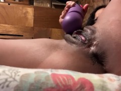 Horny black teen shows quivering pussy and puckering asshole using her vibrator