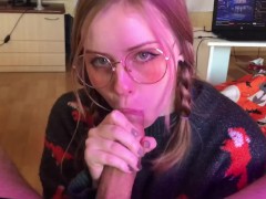 Cumshot on the face of a CUTE STEPSISTER