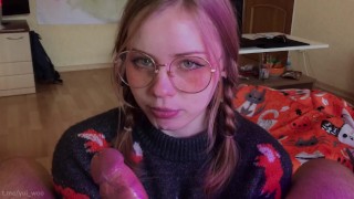 Cumshot on the face of a CUTE STEPSISTER